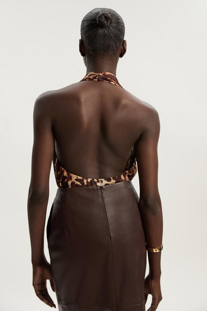 Leopard Print Plunge Halter Neck Trim Detail Mesh Bodysuit