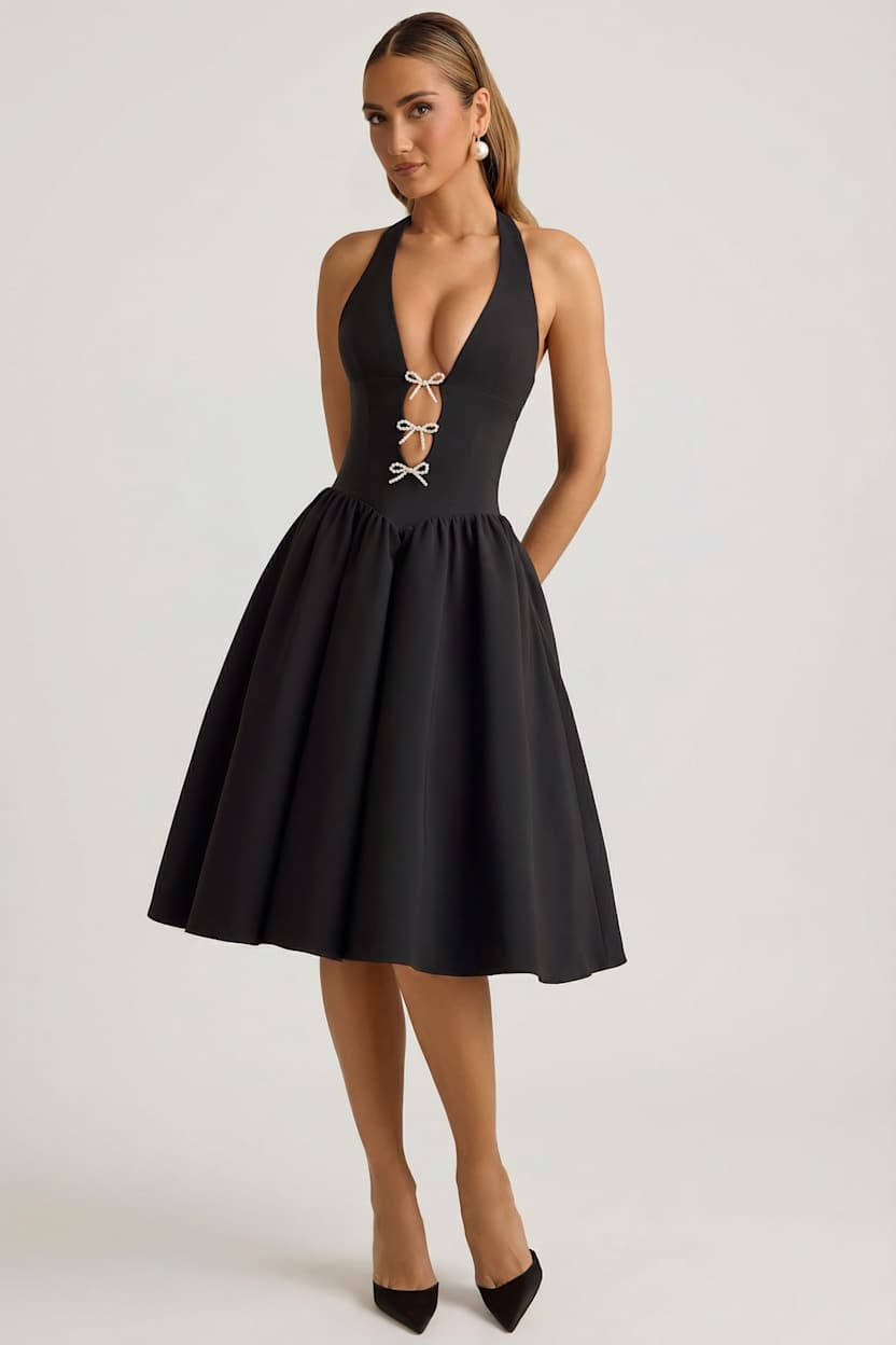 Halterneck Bow-Detail Midi Dress