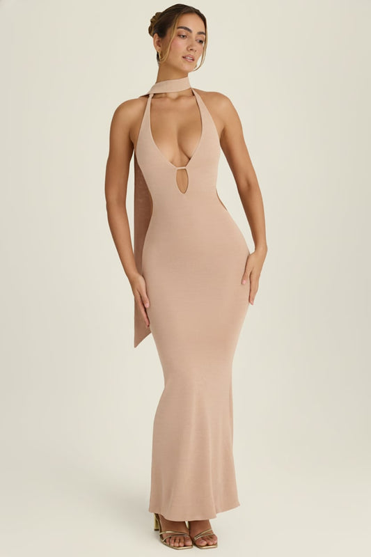 Scarf-Detail Cut-Out Halterneck Maxi Dress
