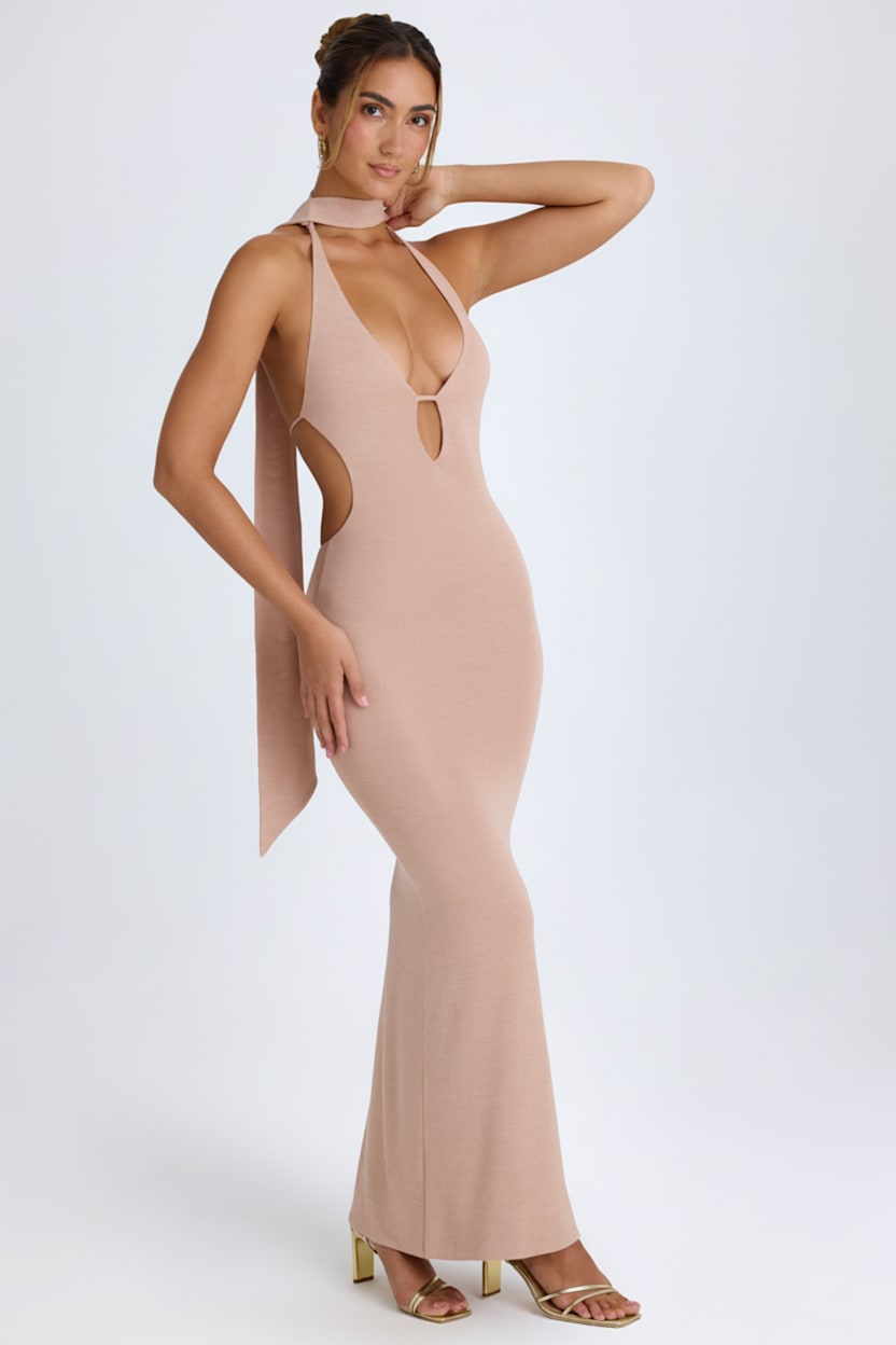 Scarf-Detail Cut-Out Halterneck Maxi Dress
