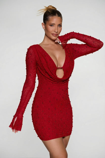 Long Sleeve Deep Plunge Mini Dress
